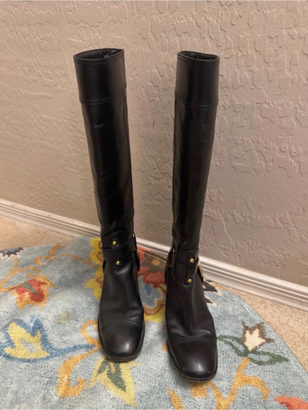Yves Saint Laurent Black Over-the-Knee Leather Boots with Gold Studs